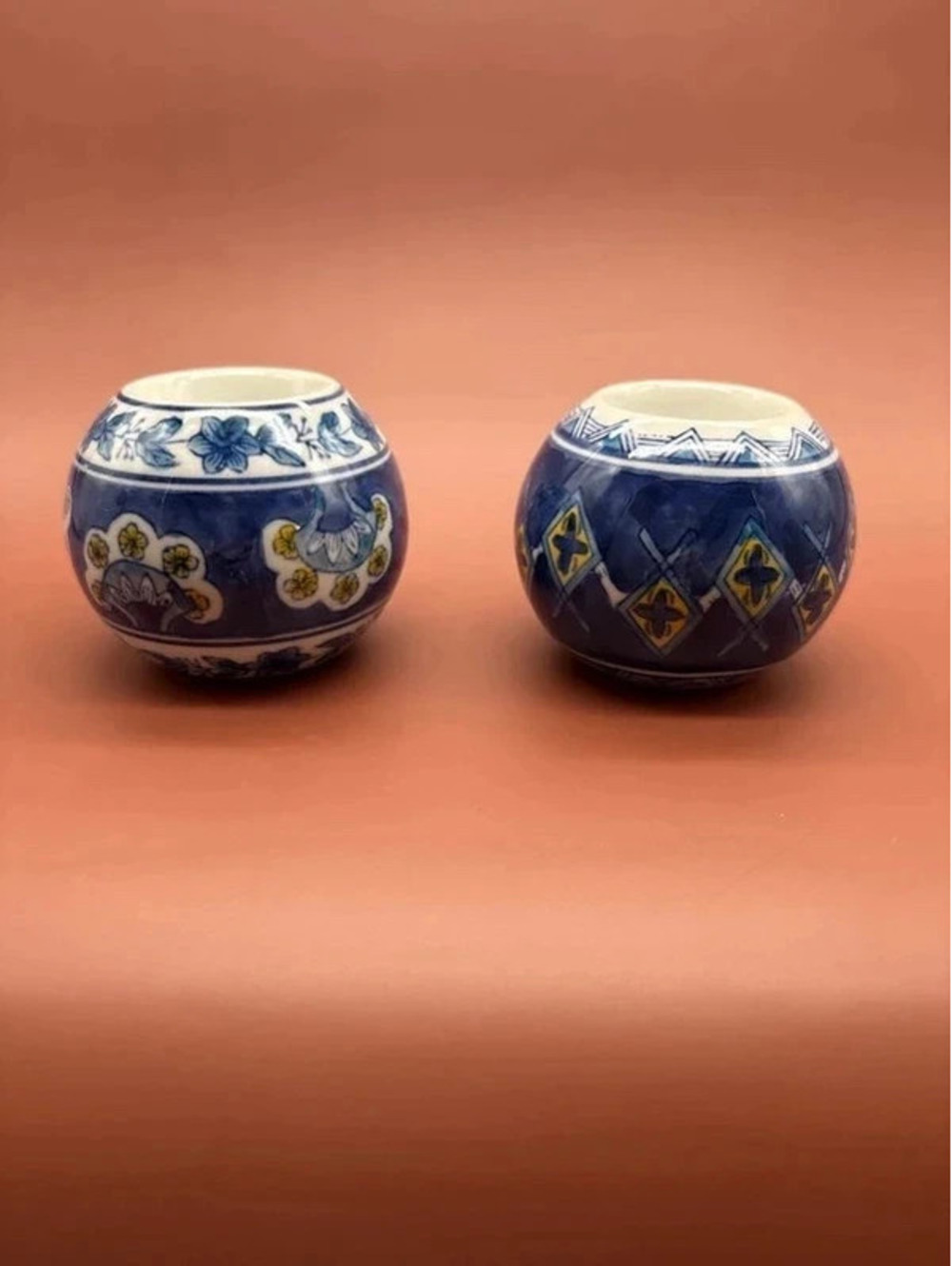 2-Chinoiserie Blue & White & Yellow Tea Light Candle Holder Ball